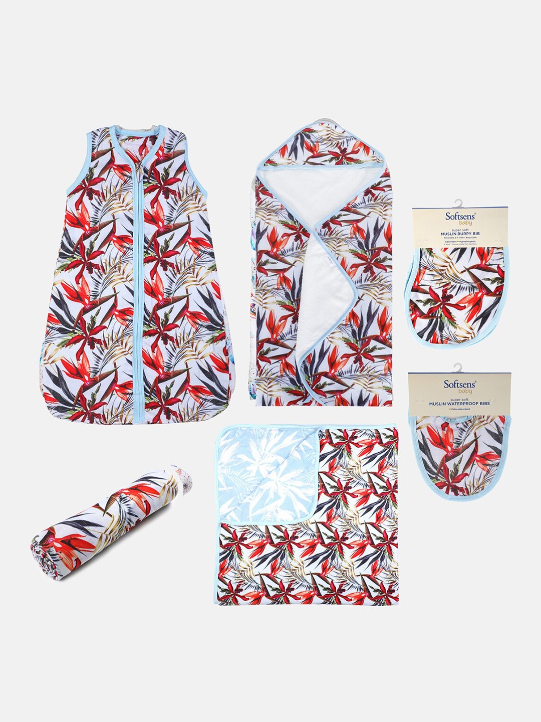 

Softsens Blue & Red Floral Printed Bamboo Cotton Baby Apparel Gift Set