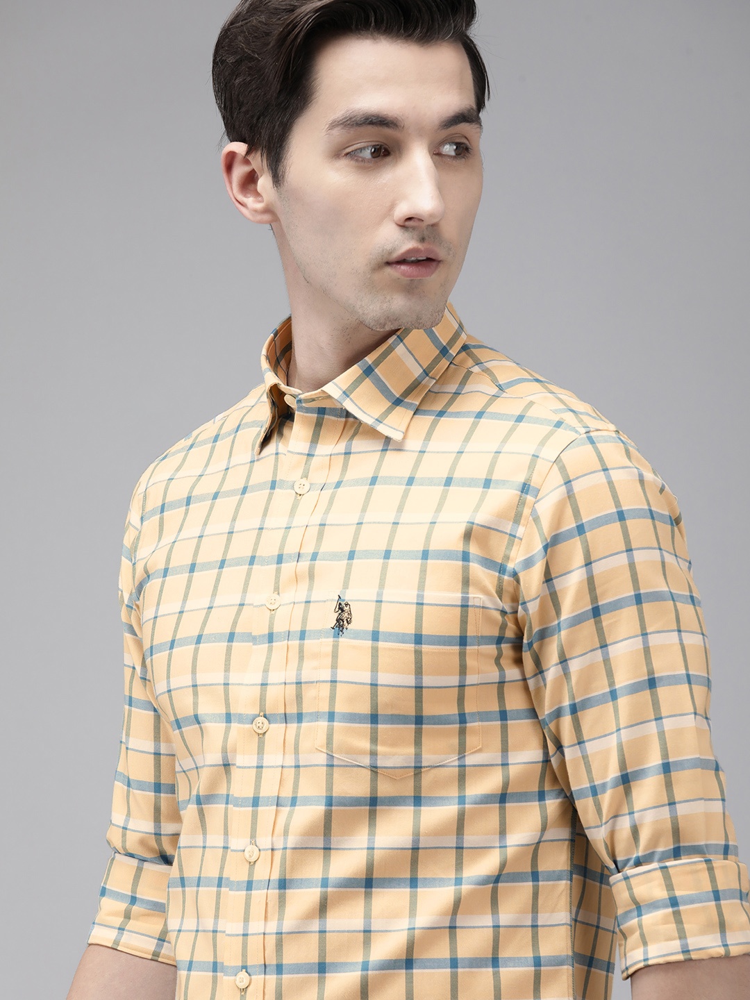 

U S Polo Assn Men Yellow And Blue Tailored Fit Checked Pure Cotton Casual Shirt