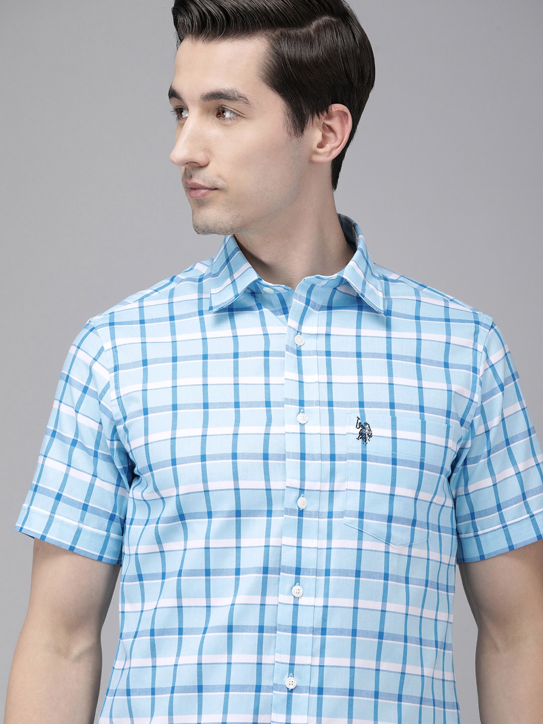 

U S Polo Assn Men Blue & White Tailored Fit Checked Pure Cotton Casual Shirt