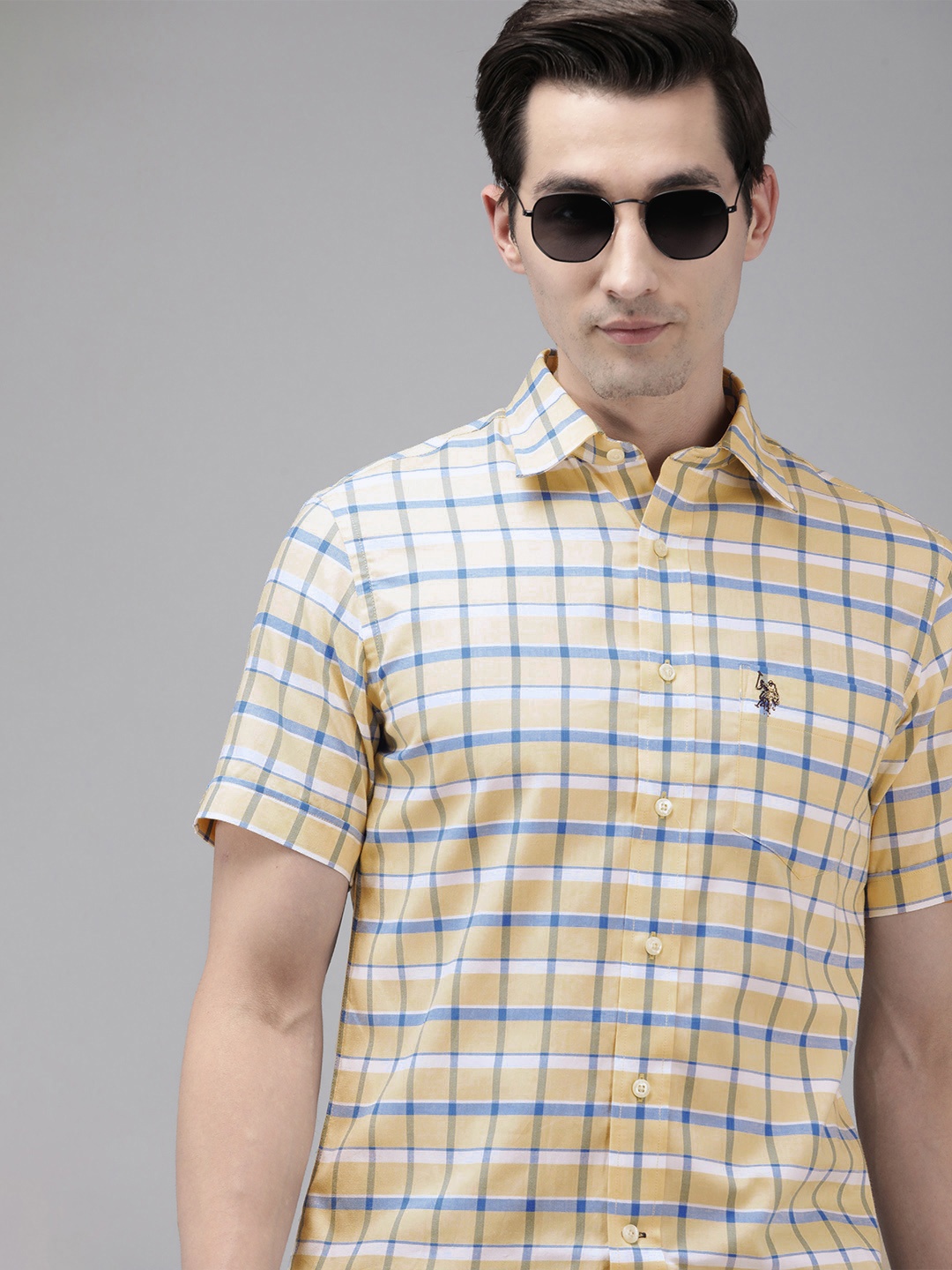 

U S Polo Assn Men Yellow & Blue Tailored Fit Checked Pure Cotton Casual Shirt