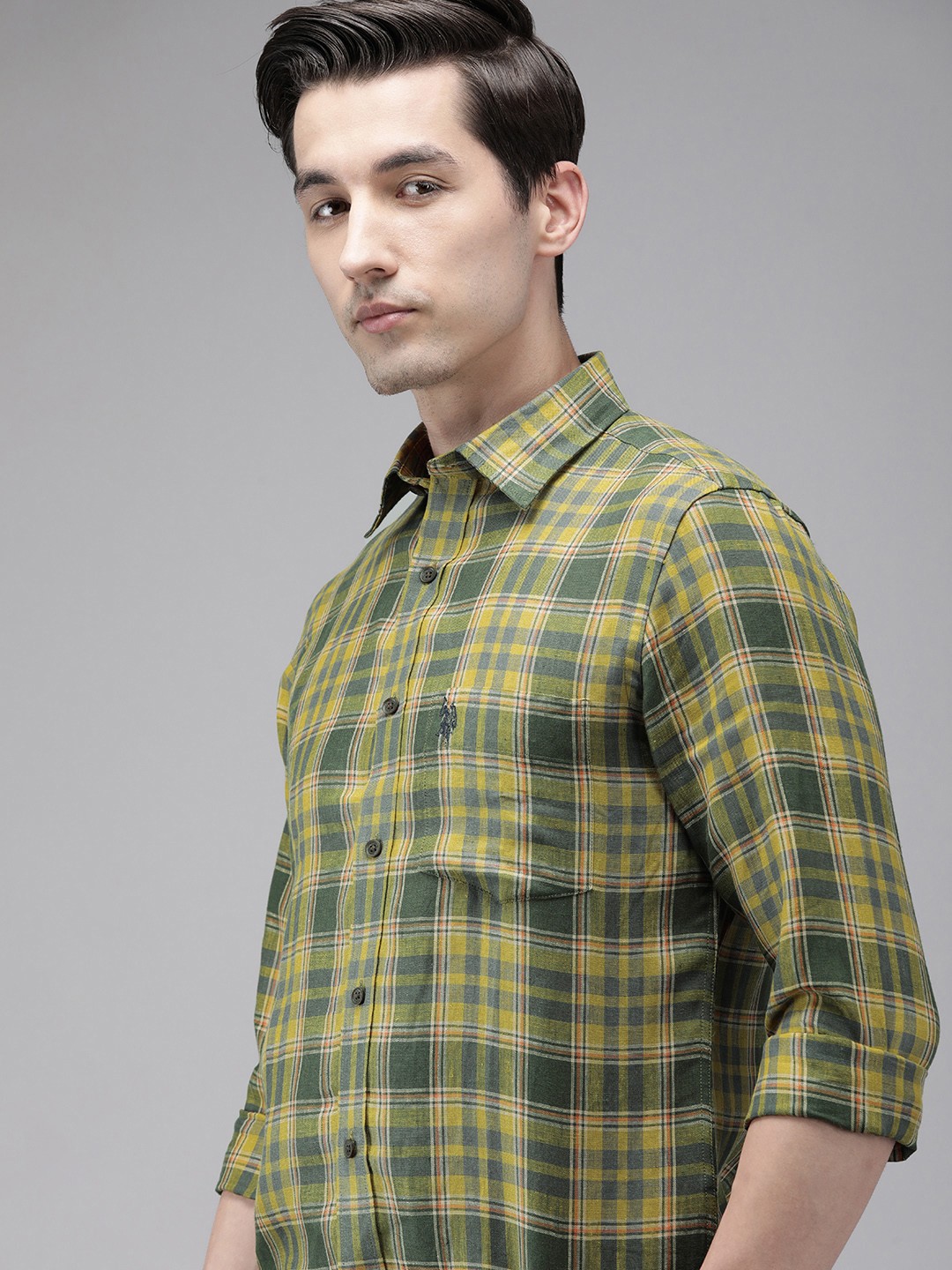 

U S Polo Assn Men Green & Grey Tailored Fit Checked Pure Linen Casual Shirt