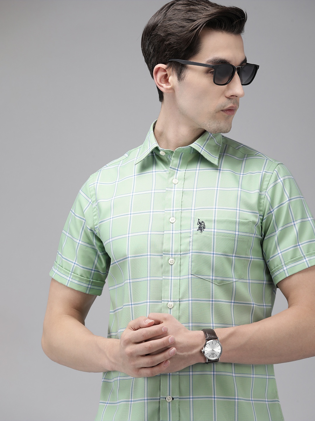 

U S Polo Assn Men Green Tailored Fit Windowpane Checked Pure Cotton Casual Shirt