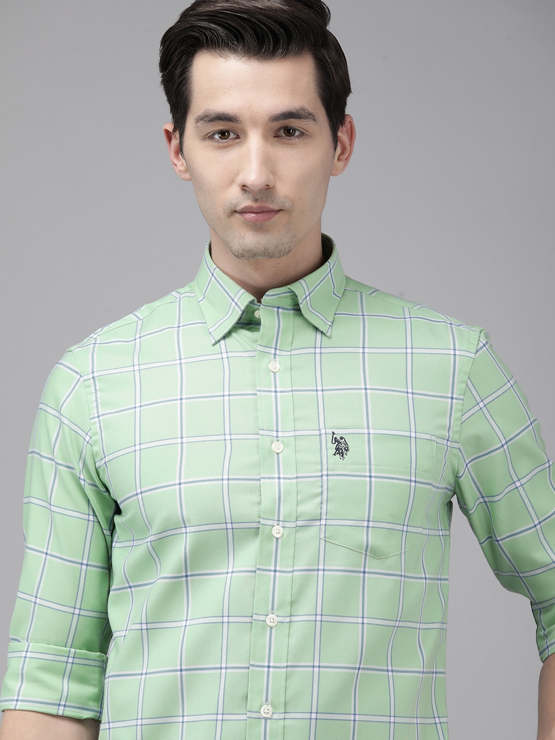 

U S Polo Assn Men Green & Blue Tailored Fit Windowpane Checks Pure Cotton Casual Shirt