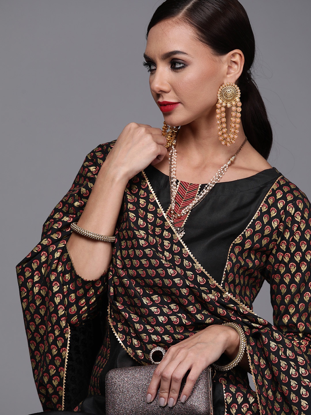 

Indo Era Women Black & Golden Printed Panelled Kurta with Trousers & With Dupatta