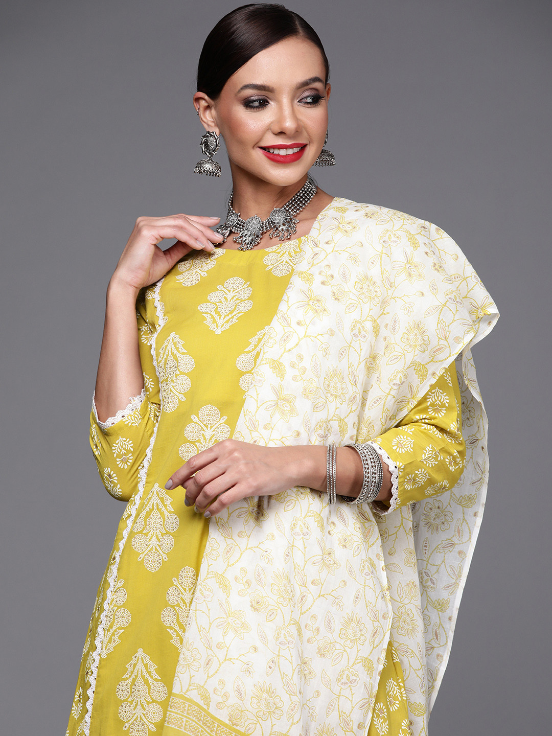 

Indo Era Women Yellow & White Printed Panelled Gotta Patti Kurta with Trousers & Dupatta