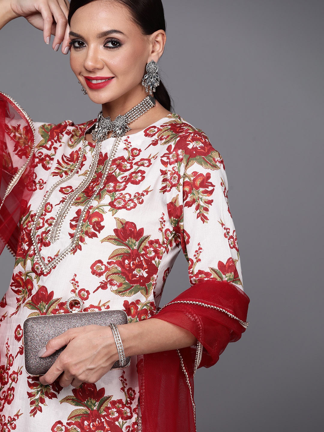 

Indo Era Women White Floral Printed Kurta with Palazzos & With Dupatta