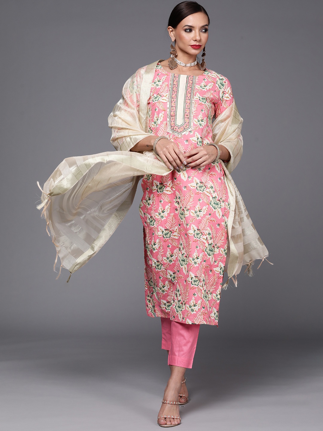 

Indo Era Women Pink & Cream-Coloured Floral Printed Kurta with Trousers & With Dupatta