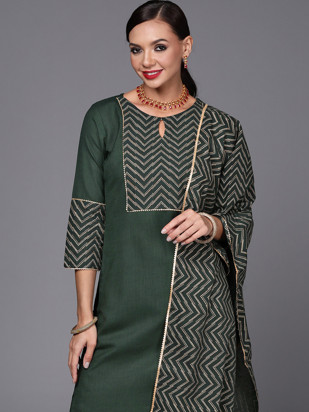 

Indo Era Women Green Yoke Design Kurta with Palazzos & With Dupatta