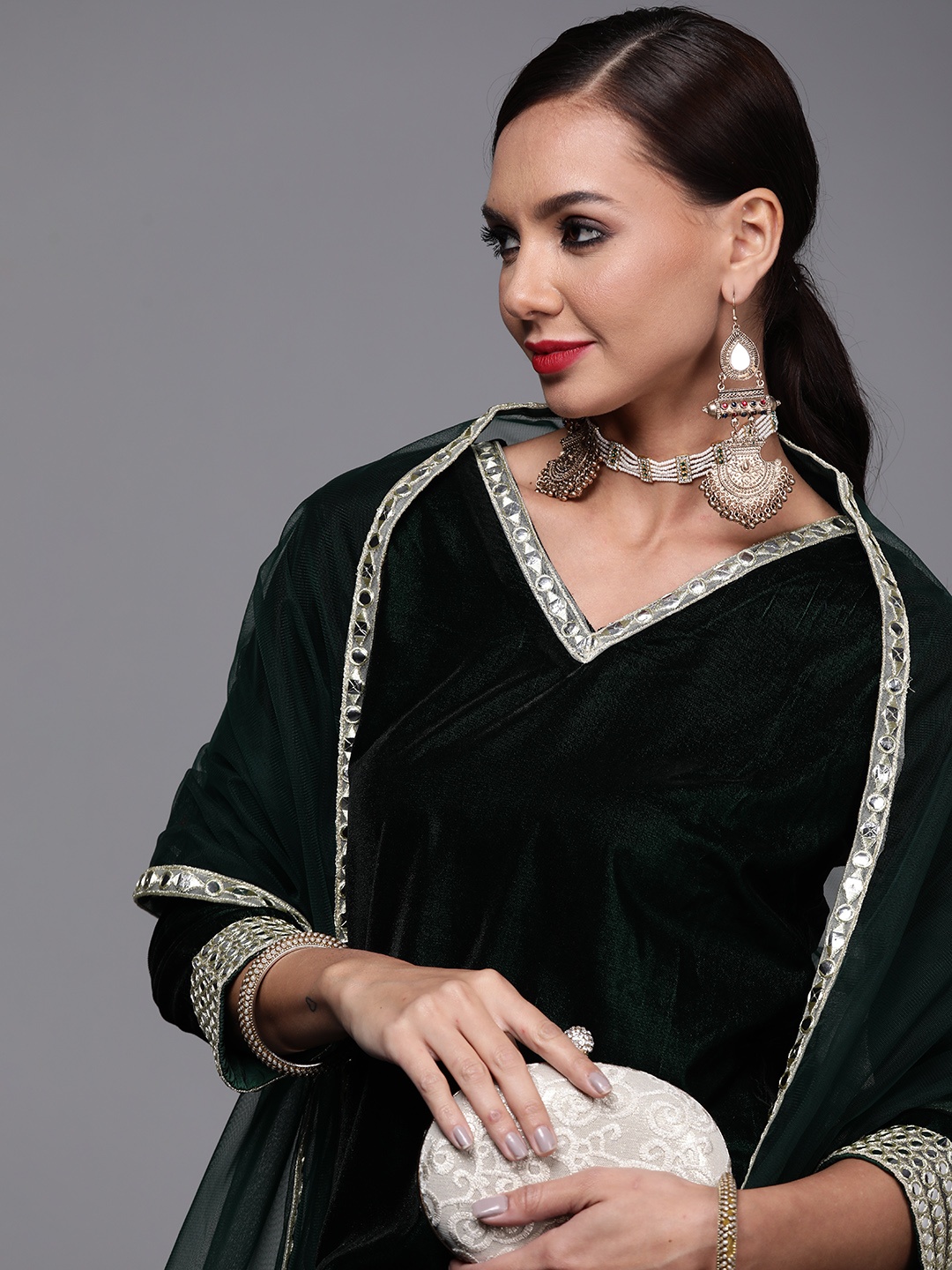 

Indo Era Women Green Mirror Work Velvet Kurta with Palazzos & With Dupatta