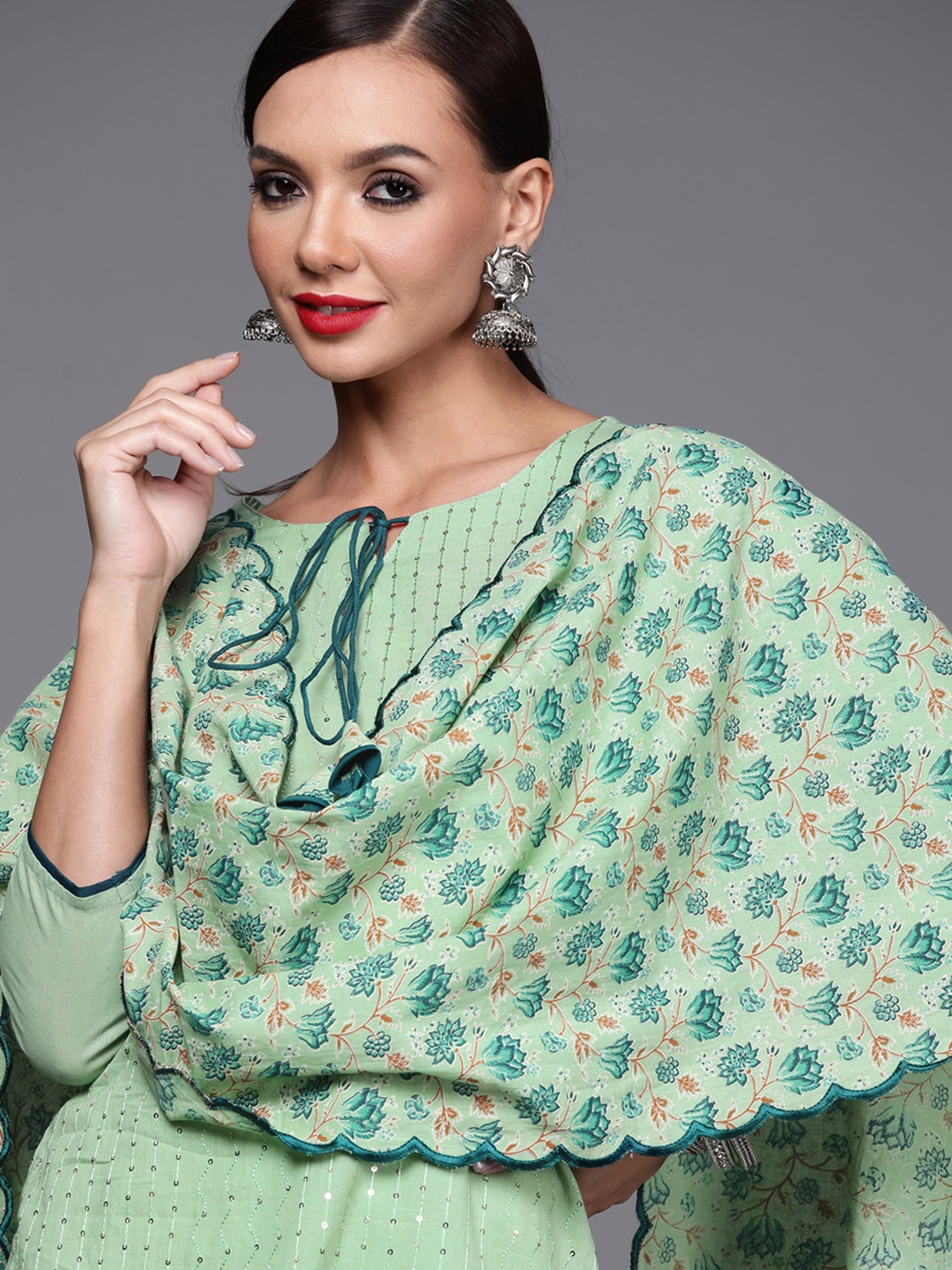 

Indo Era Women Sage Green Striped Sequinned Pure Cotton Kurta with Sharara & With Dupatta