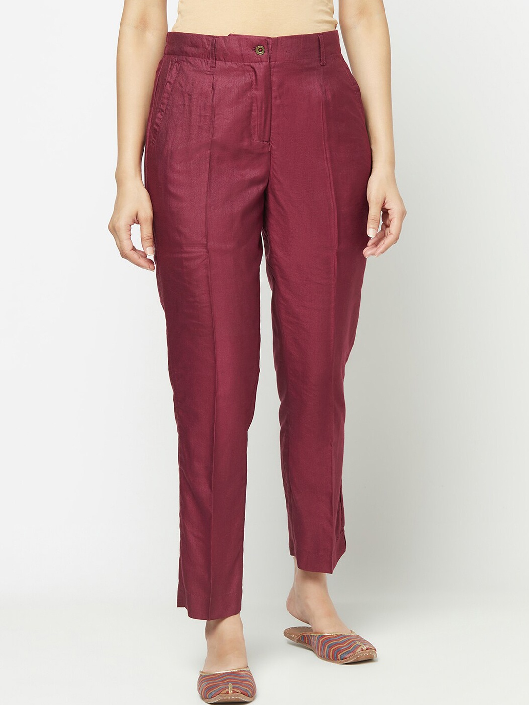 

Fabindia Women Maroon Slim Fit Pleated Trousers