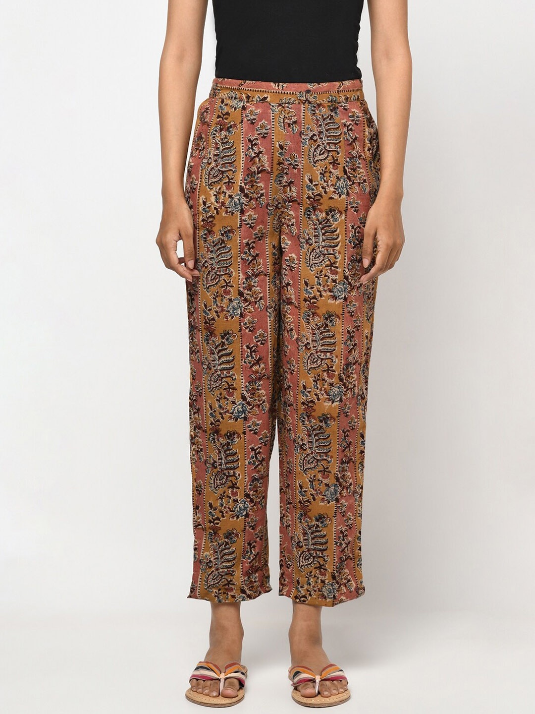 

Fabindia Women Pink & Mustard Yellow Kalamkari Printed Cotton Trousers