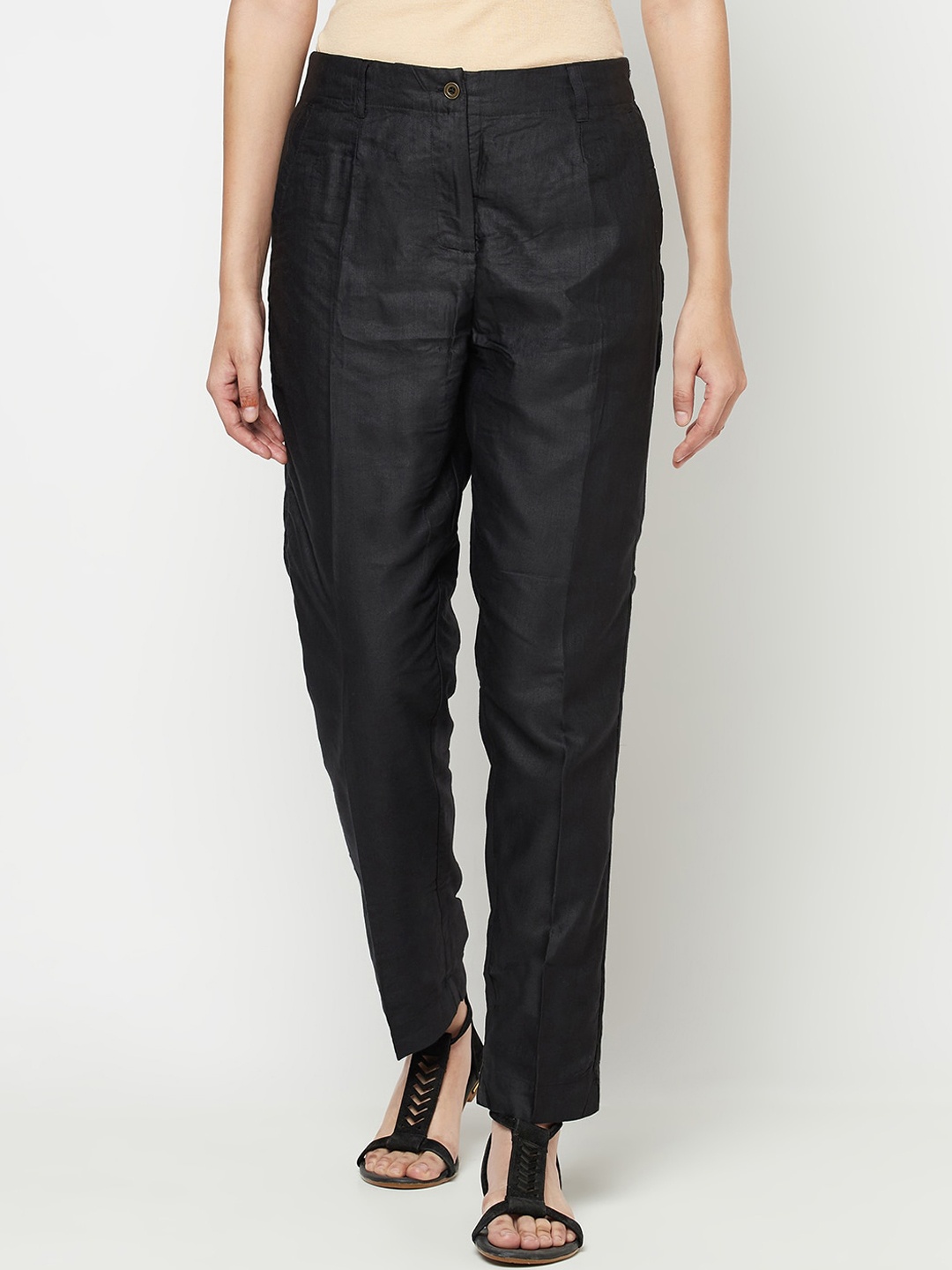 

Fabindia Women Black Slim Fit Pleated Trousers