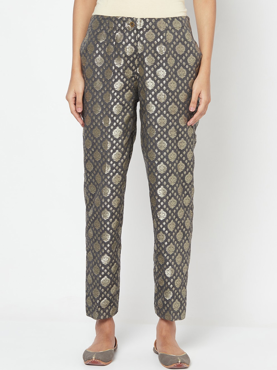 

Fabindia Women Grey Ethnic Motifs Printed Silk Slim Fit Trousers
