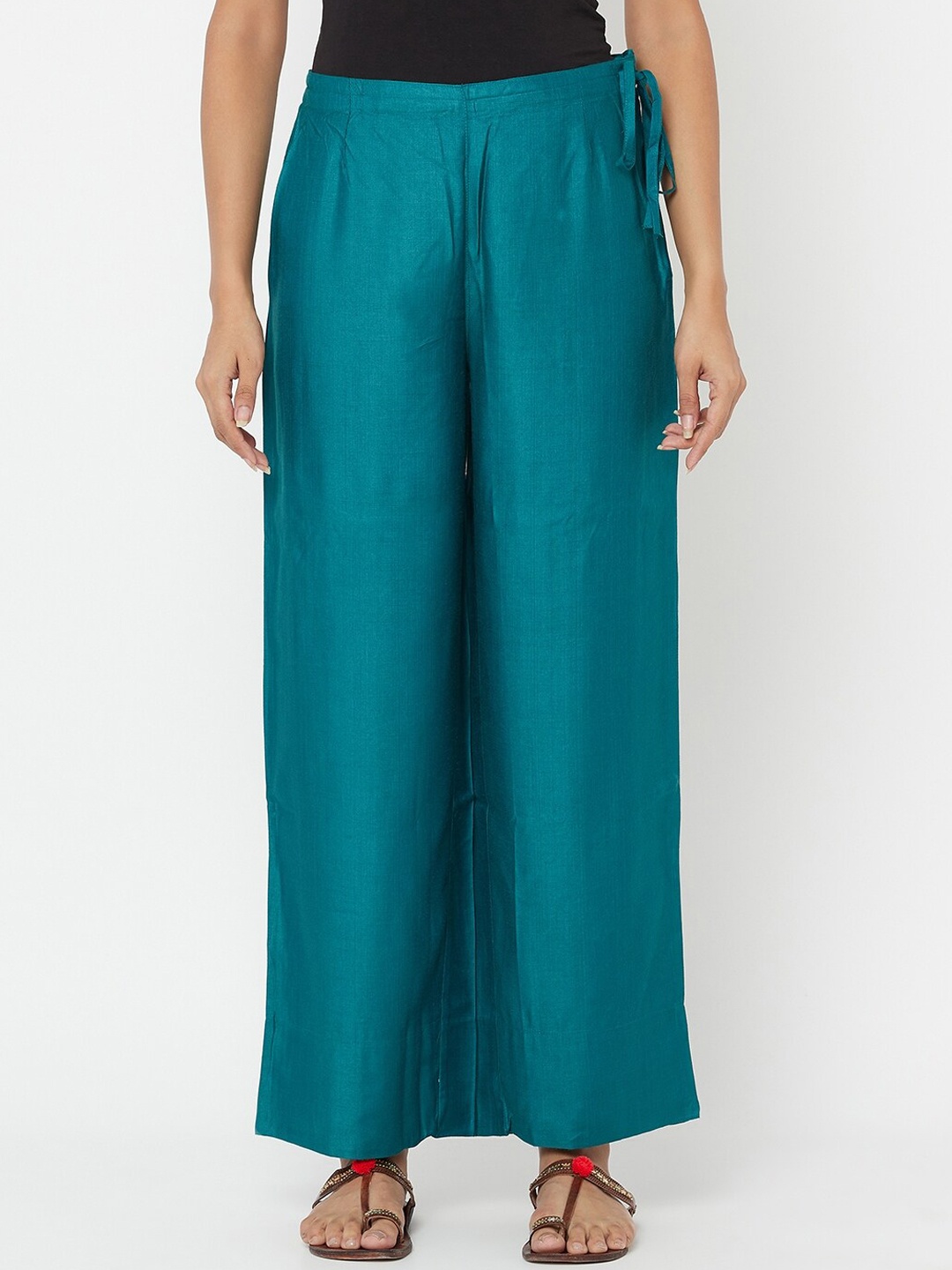

Fabindia Women Teal Green Pleated Parallel Trousers