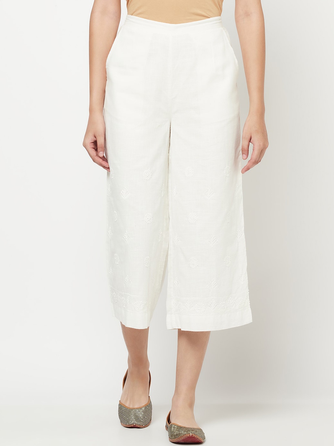 

Fabindia Women Off White Embroidered Cotton Culottes Trousers