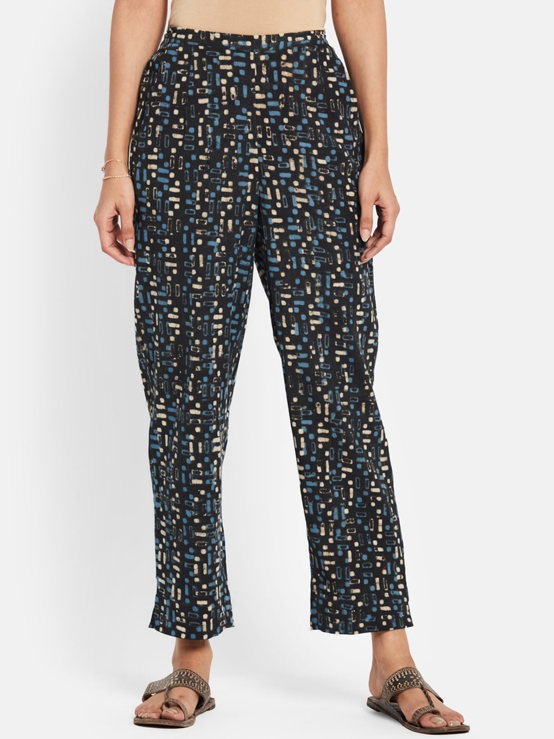 

Fabindia Women Blue & Cream Printed Trousers