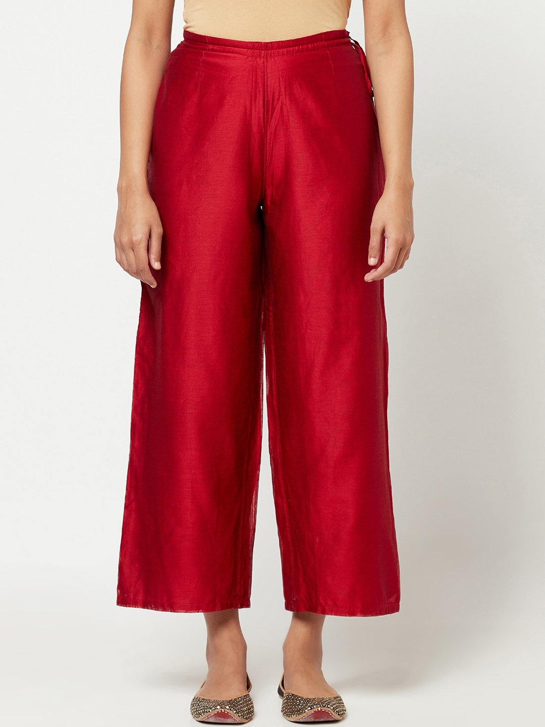 

Fabindia Women Maroon Solid Cotton Silk Trousers