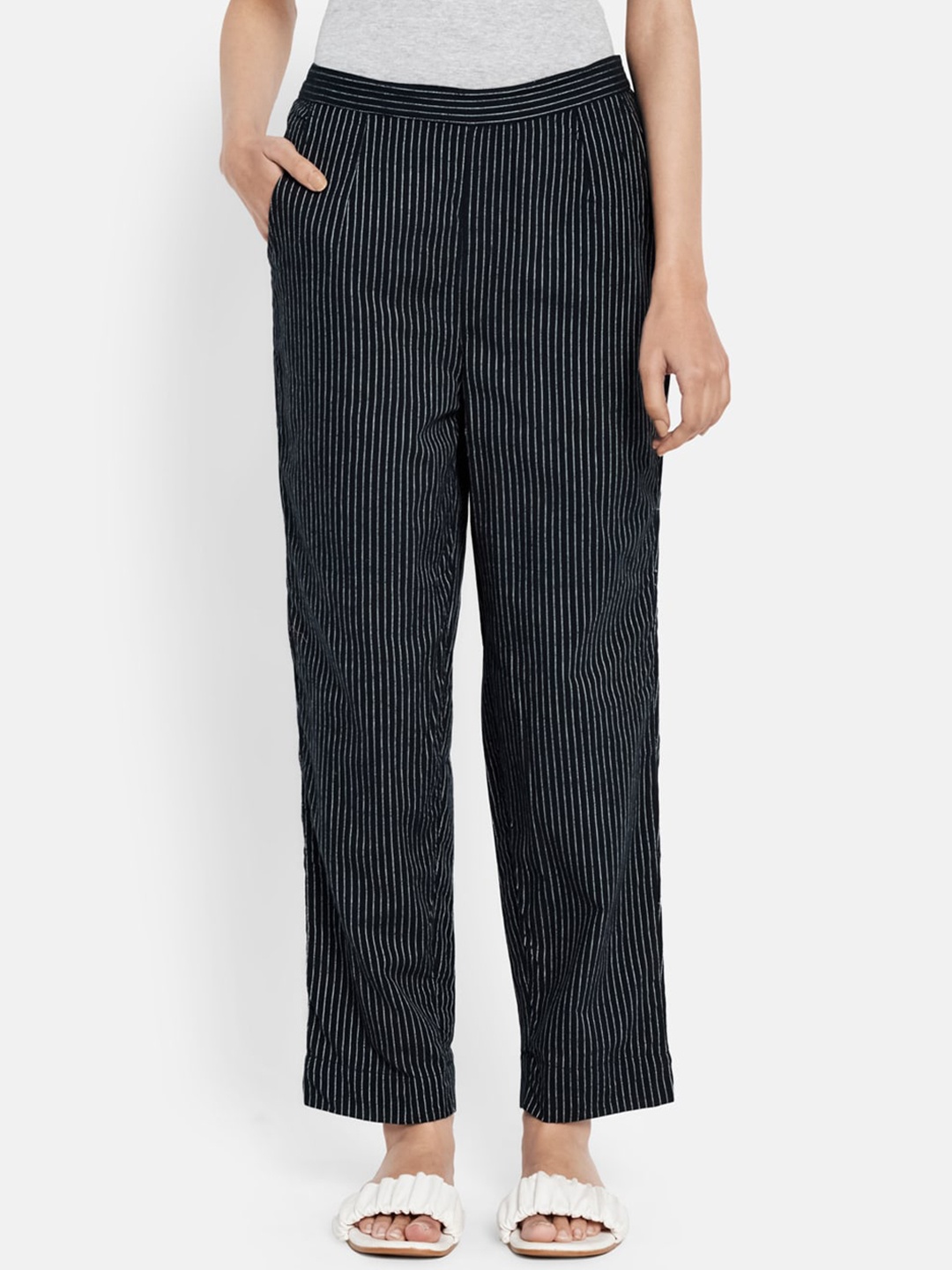 

Fabindia Women Black & White Striped Cotton Trousers