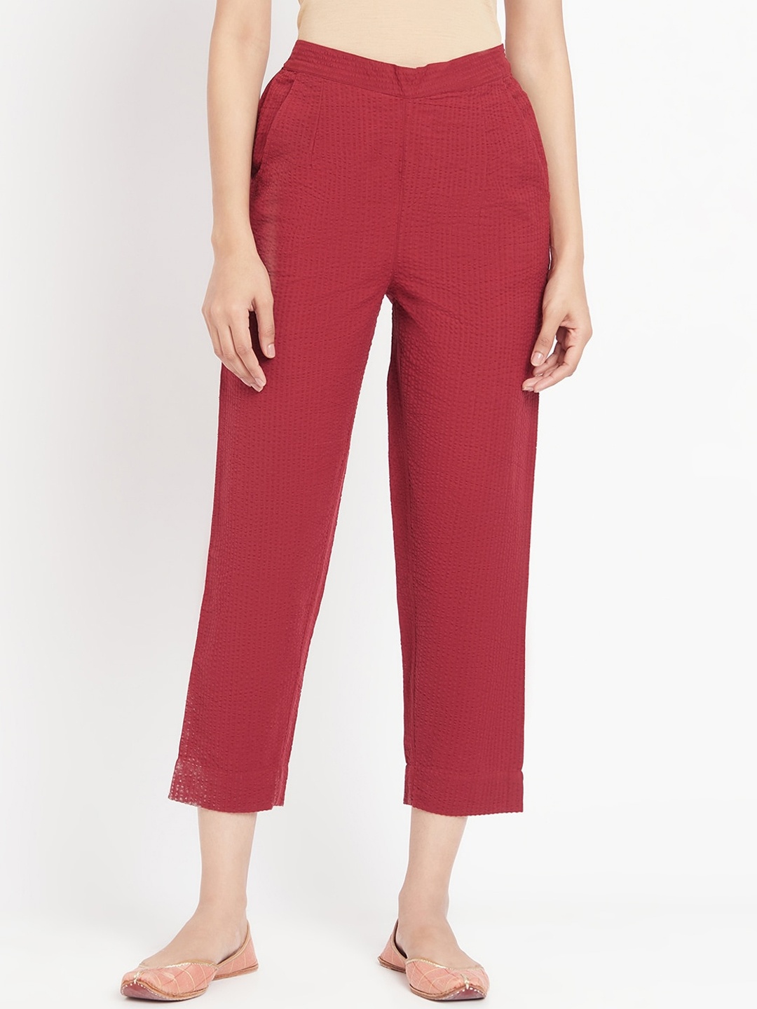

Fabindia Women Maroon Tapered-Fit Cotton Dobby Trousers