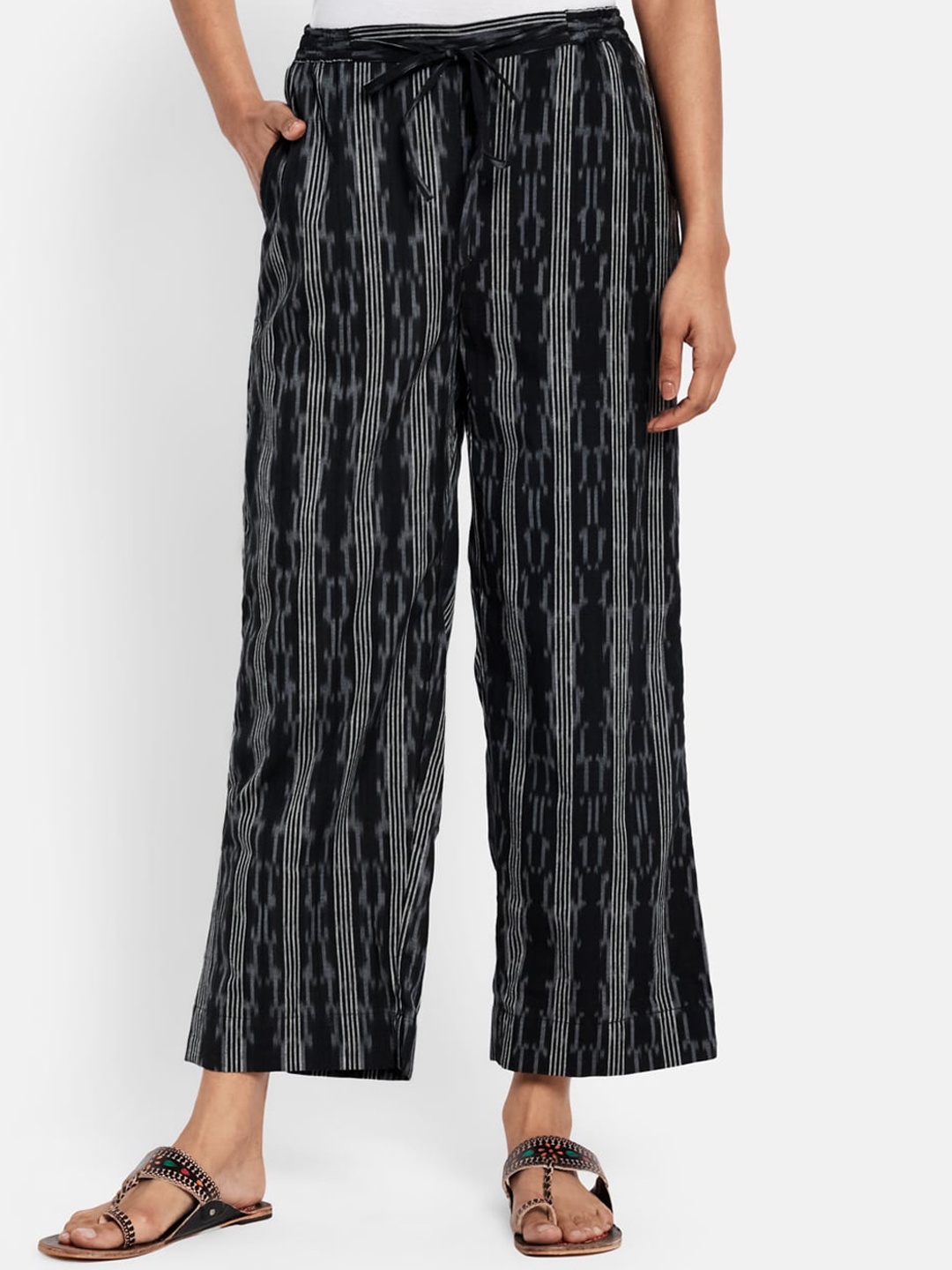 

Fabindia Women Black & White Ikat Printed Cotton Trousers