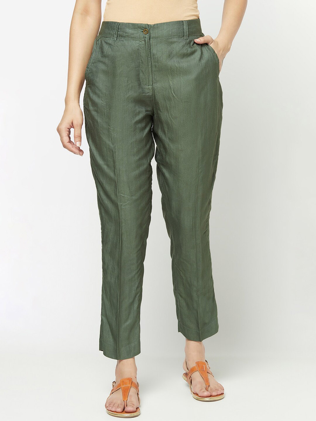 

Fabindia Women Green Slim Fit Trousers