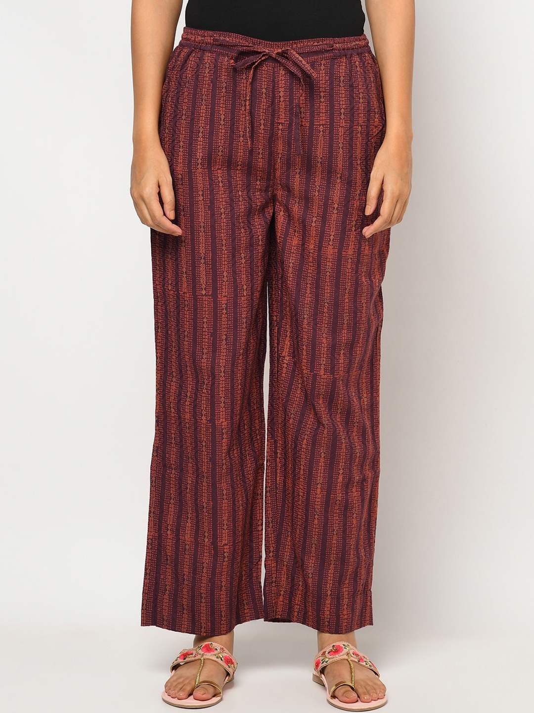 

Fabindia Women Maroon Striped Cotton Trousers