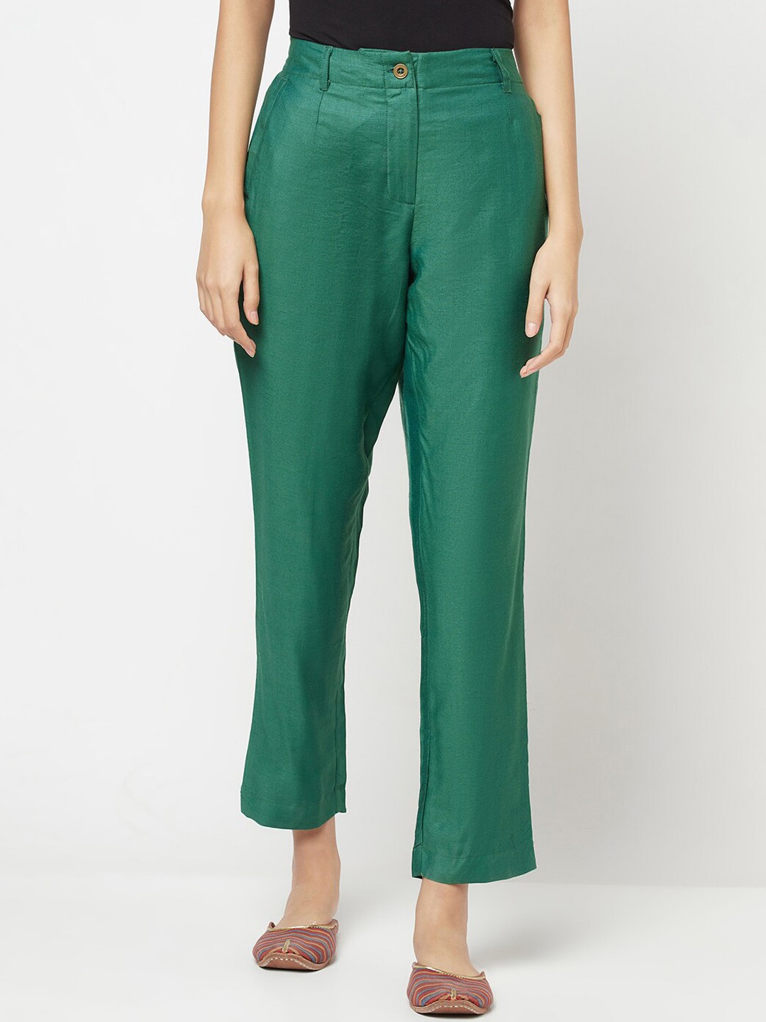 

Fabindia Women Green Slim Fit Trousers