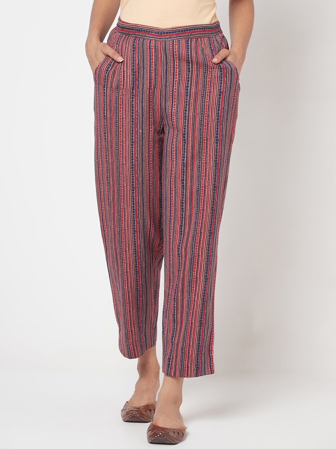 

Fabindia Women Brown Regular Fit Striped Cotton Trousers