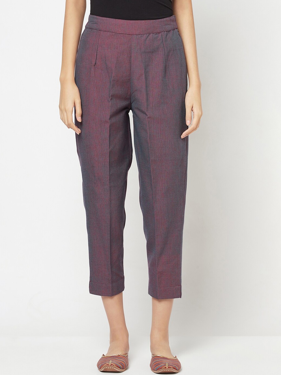 

Fabindia Women Maroon Slim Fit Pleated Cotton Peg Trousers