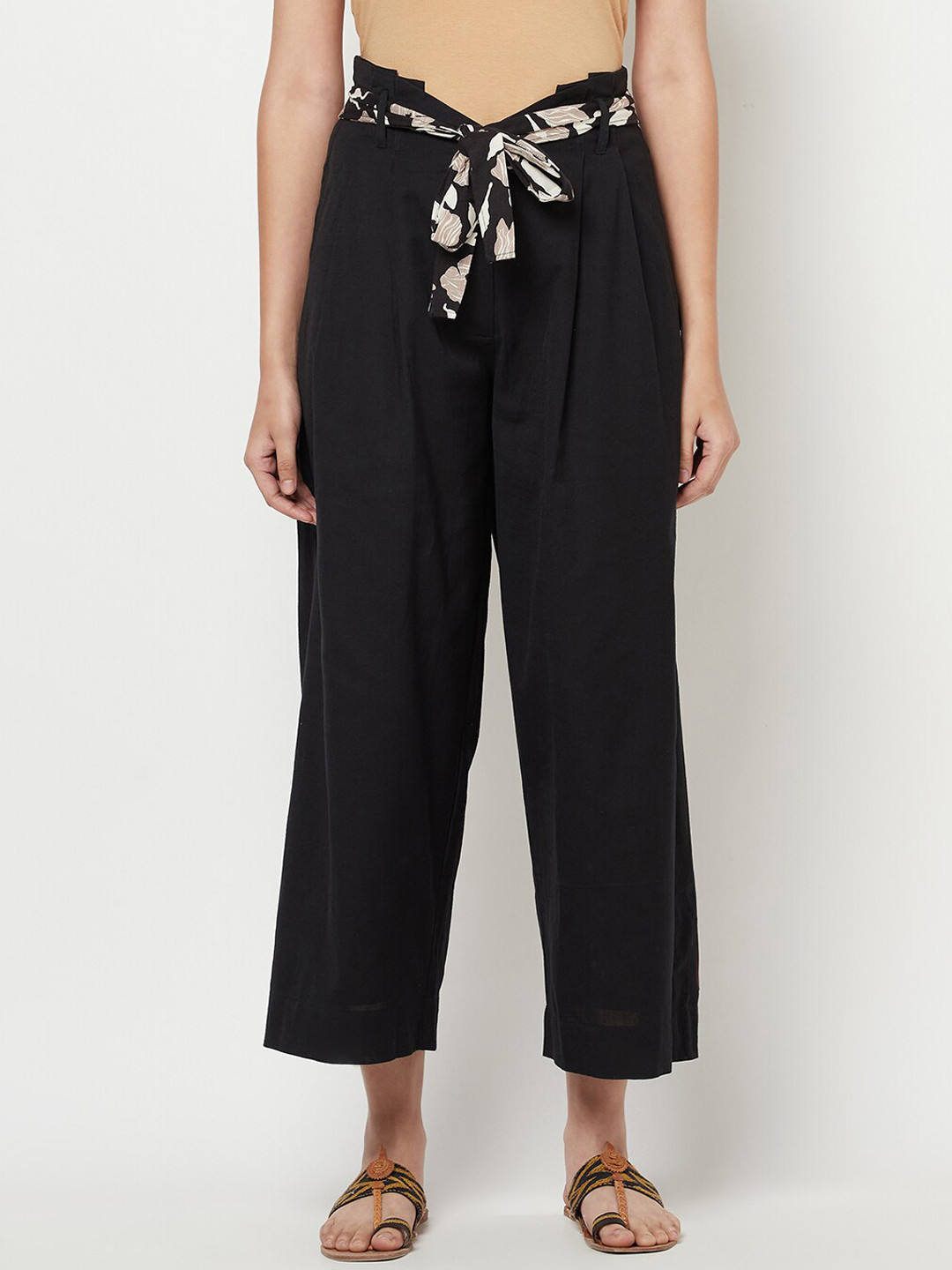 

Fabindia Women Black Pleated Trousers with Belt