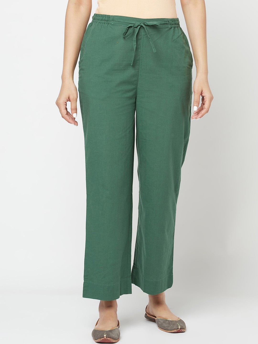 

Fabindia Women Green Regular Fit Solid Cotton Trousers