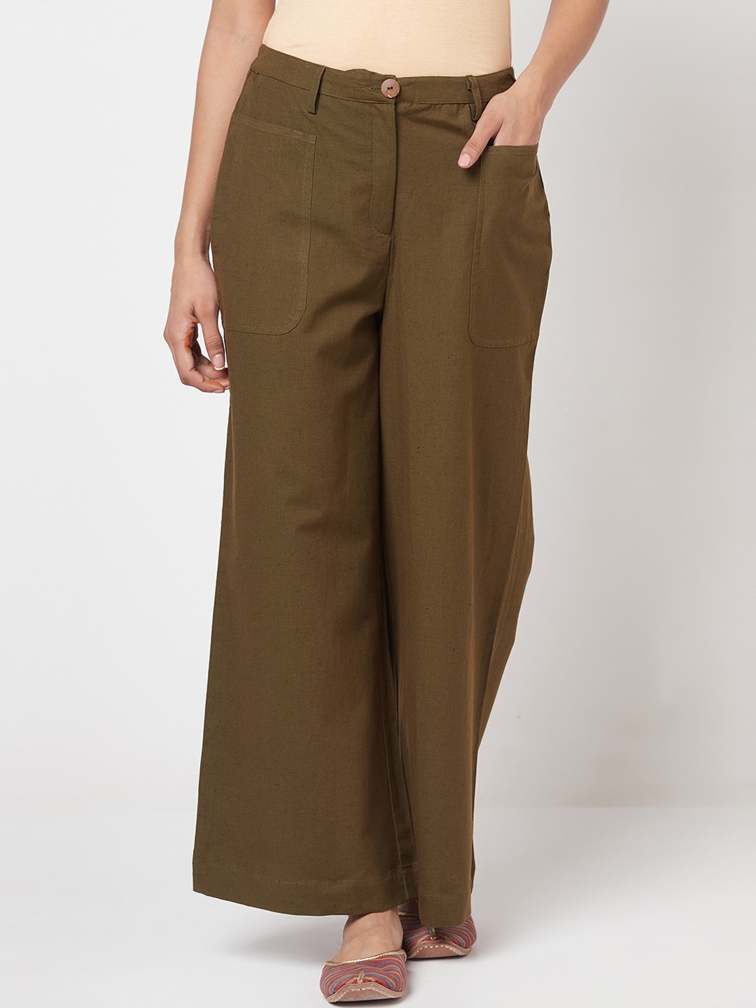 

Fabindia Women Olive Green Cotton Linen Trousers