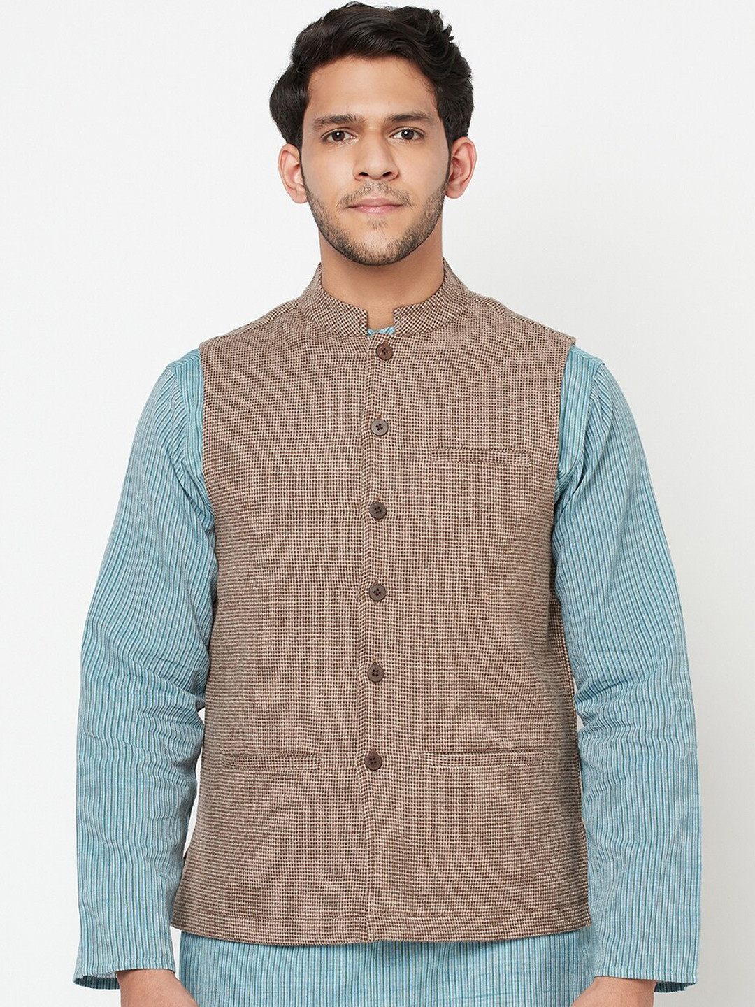 

Fabindia Men Brown Woven Design Wool Tweed Nehru Jacket