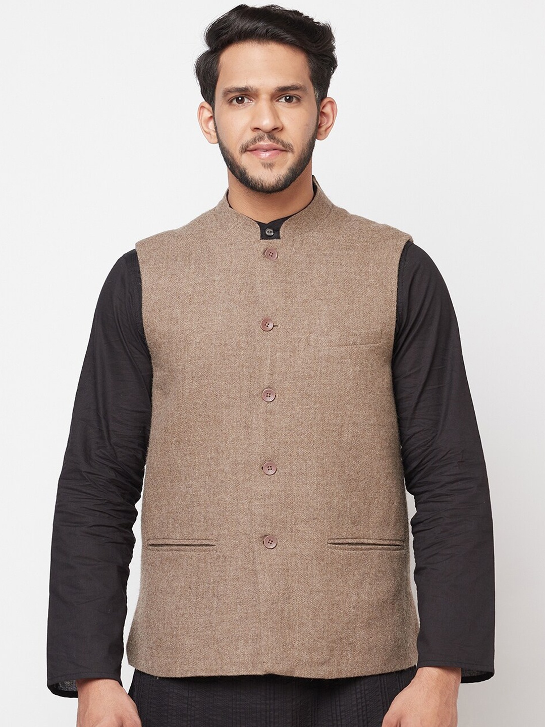 

Fabindia Men Brown Solid Woven-Design Nehru Jacket