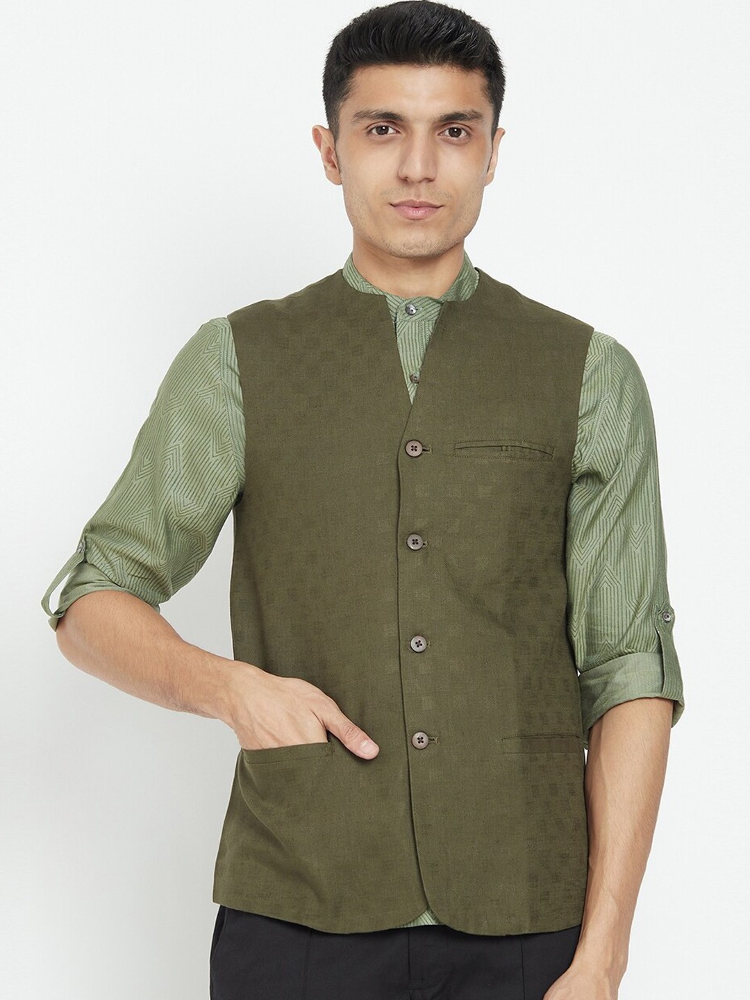 

Fabindia Men Green Woven Design Nehru Jacket