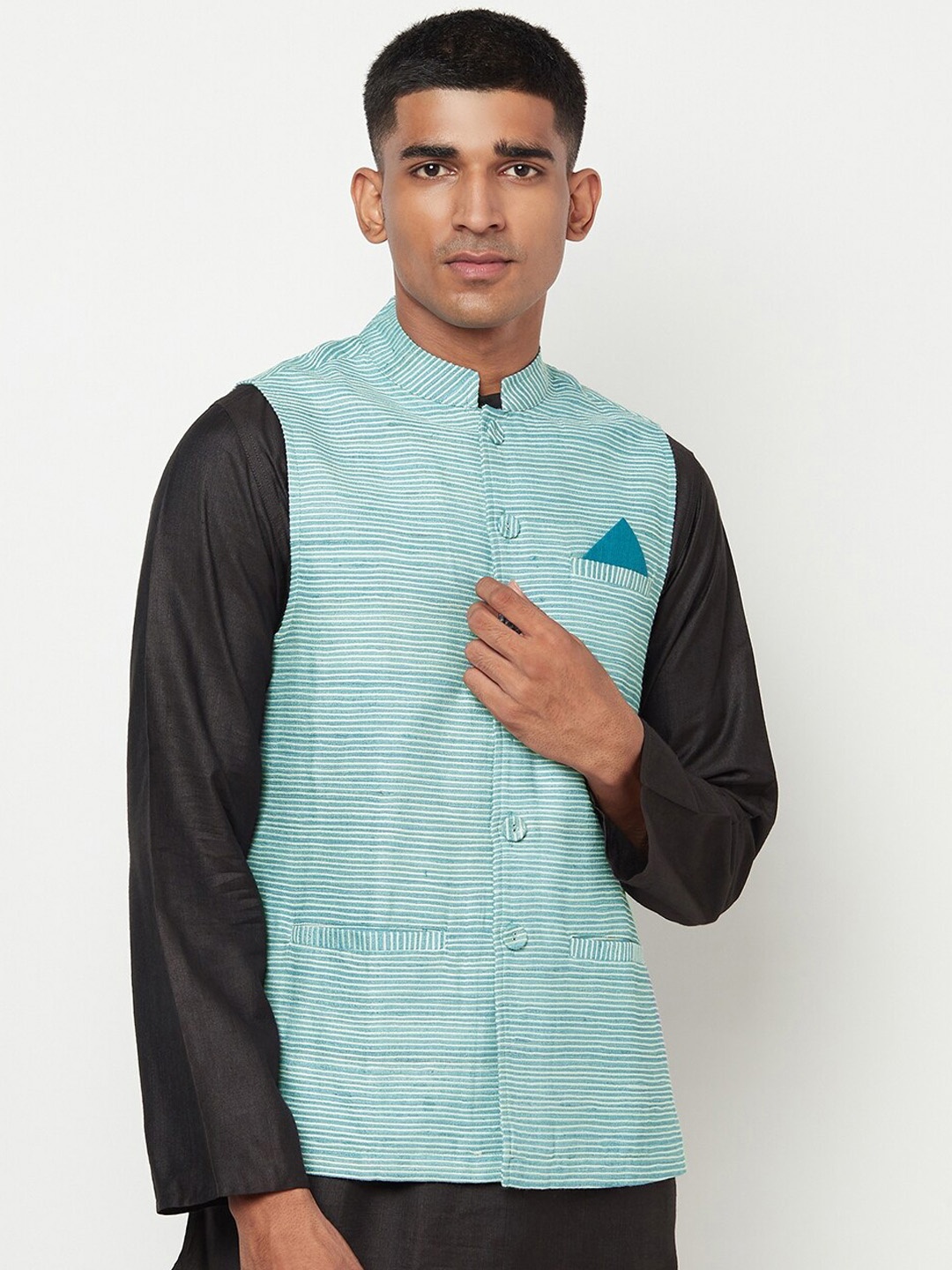 

Fabindia Men Turquoise Blue Striped Nehru Jacket