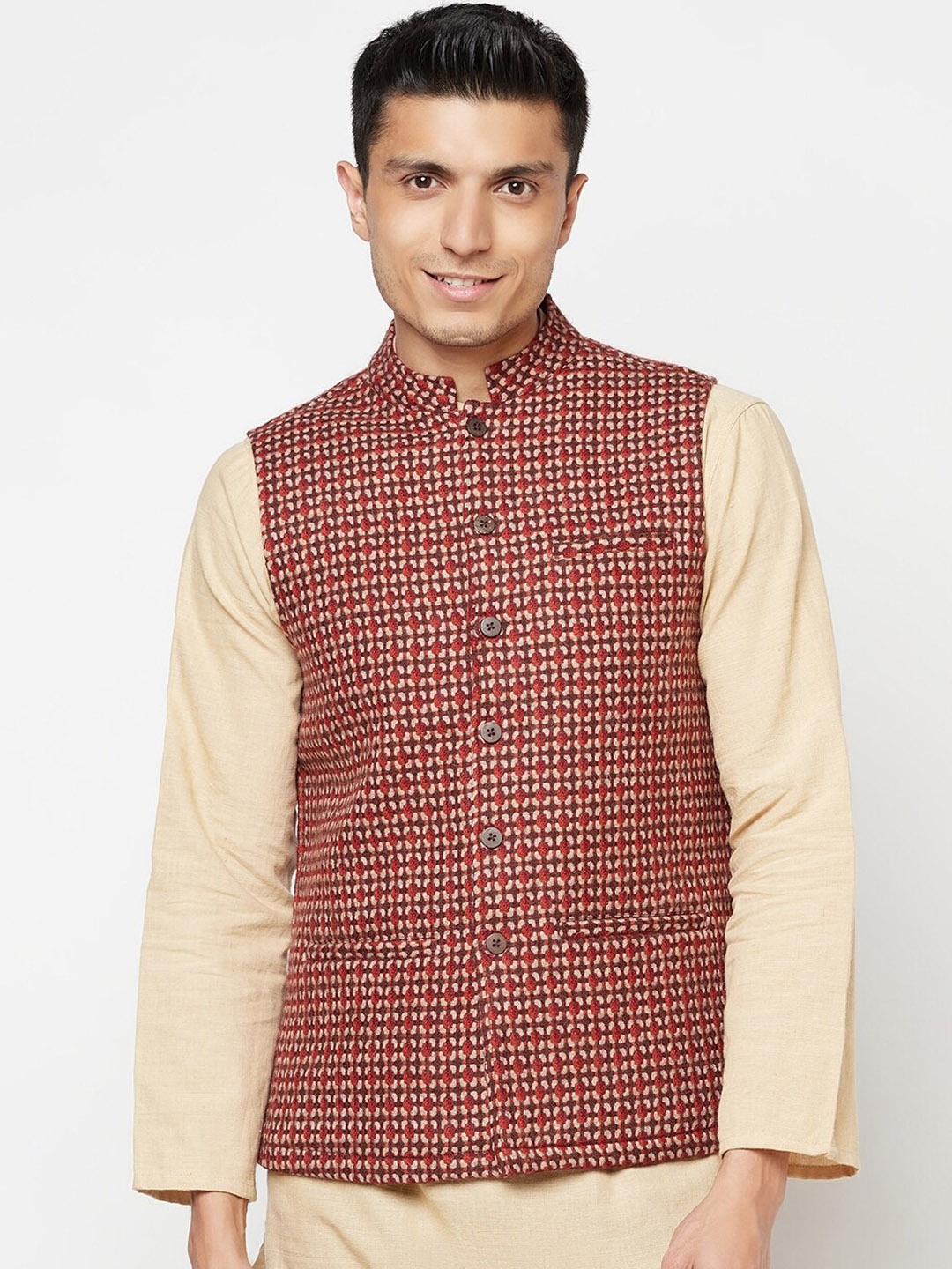 

Fabindia Men Beige & Rust Woven-Design Wool Nehru Jacket