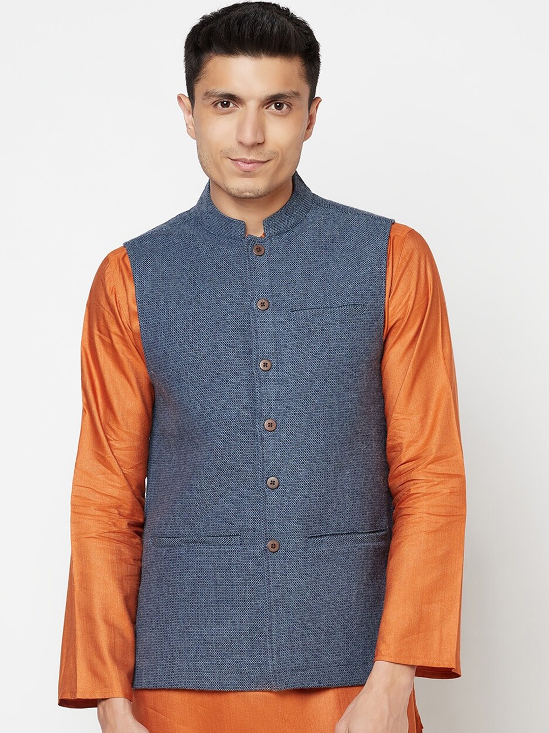 

Fabindia Men Blue Wool Tweed Nehru Jacket