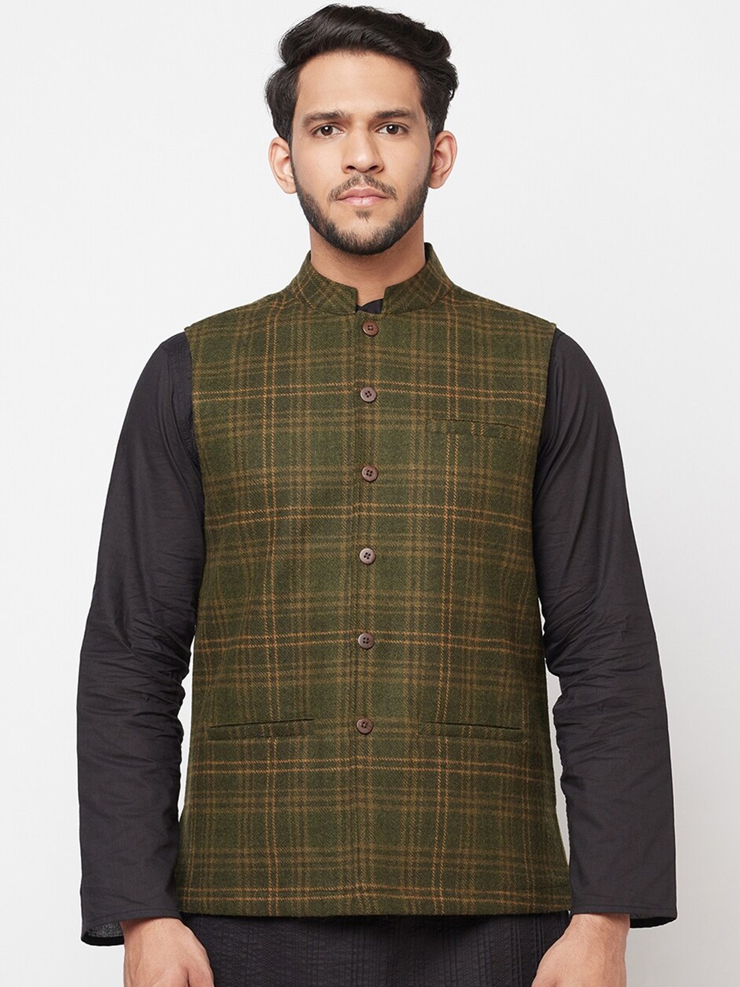 

Fabindia Men Olive Checked Woolen Nehru Jackets