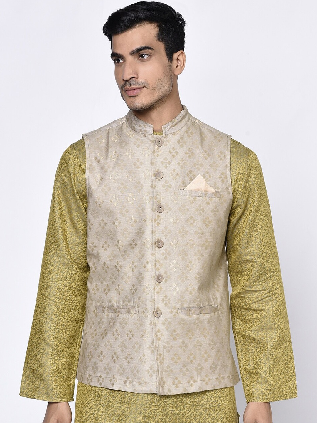 

Fabindia Men Beige Printed Woven Nehru Jacket