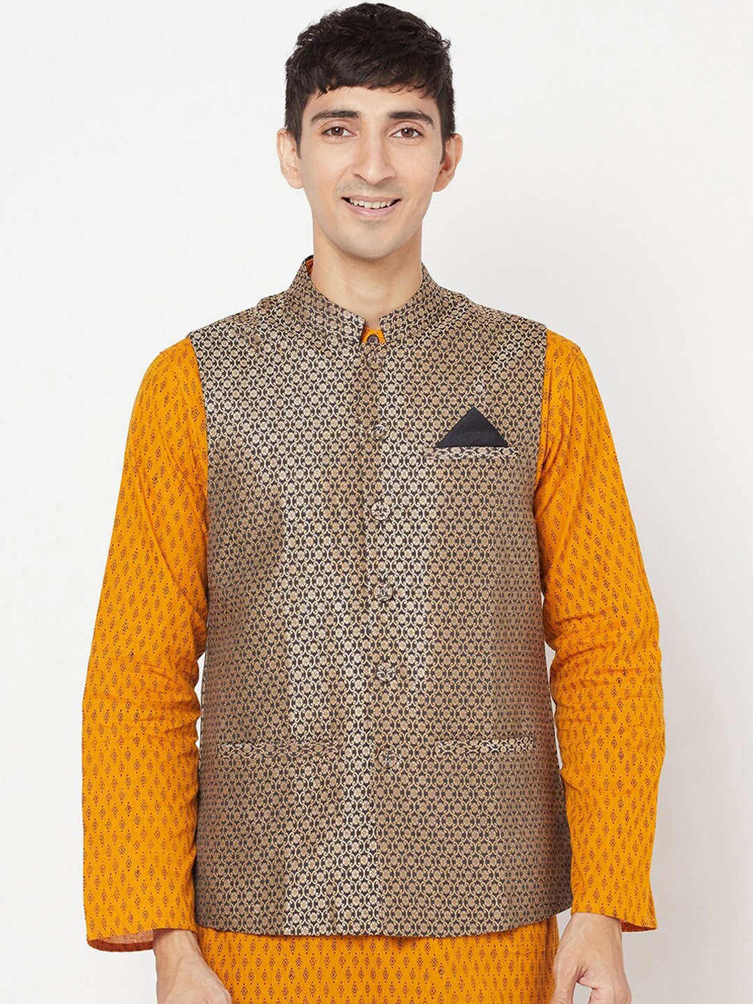 

Fabindia Men Black & Gold-Toned Brocade Woven Design Nehru Jacket