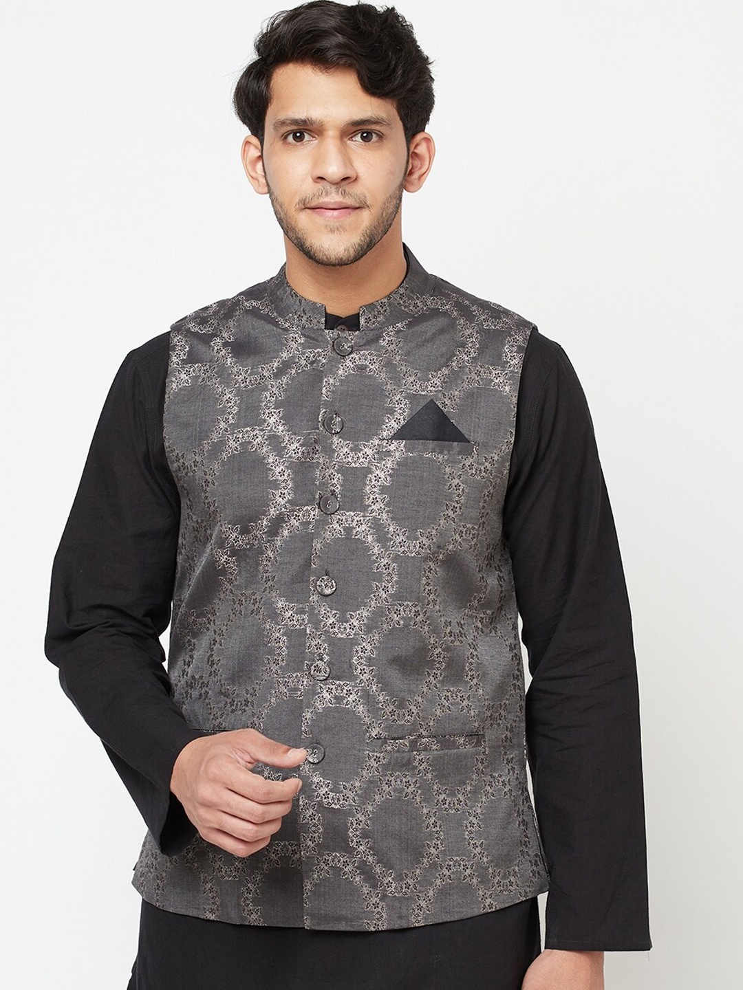 

Fabindia Men Grey Woven Design Nehru Jackets