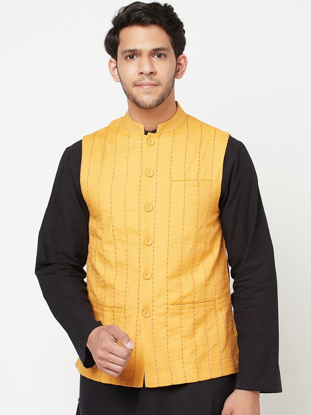 

Fabindia Men Yellow Striped Dobby Woven Nehru Jacket