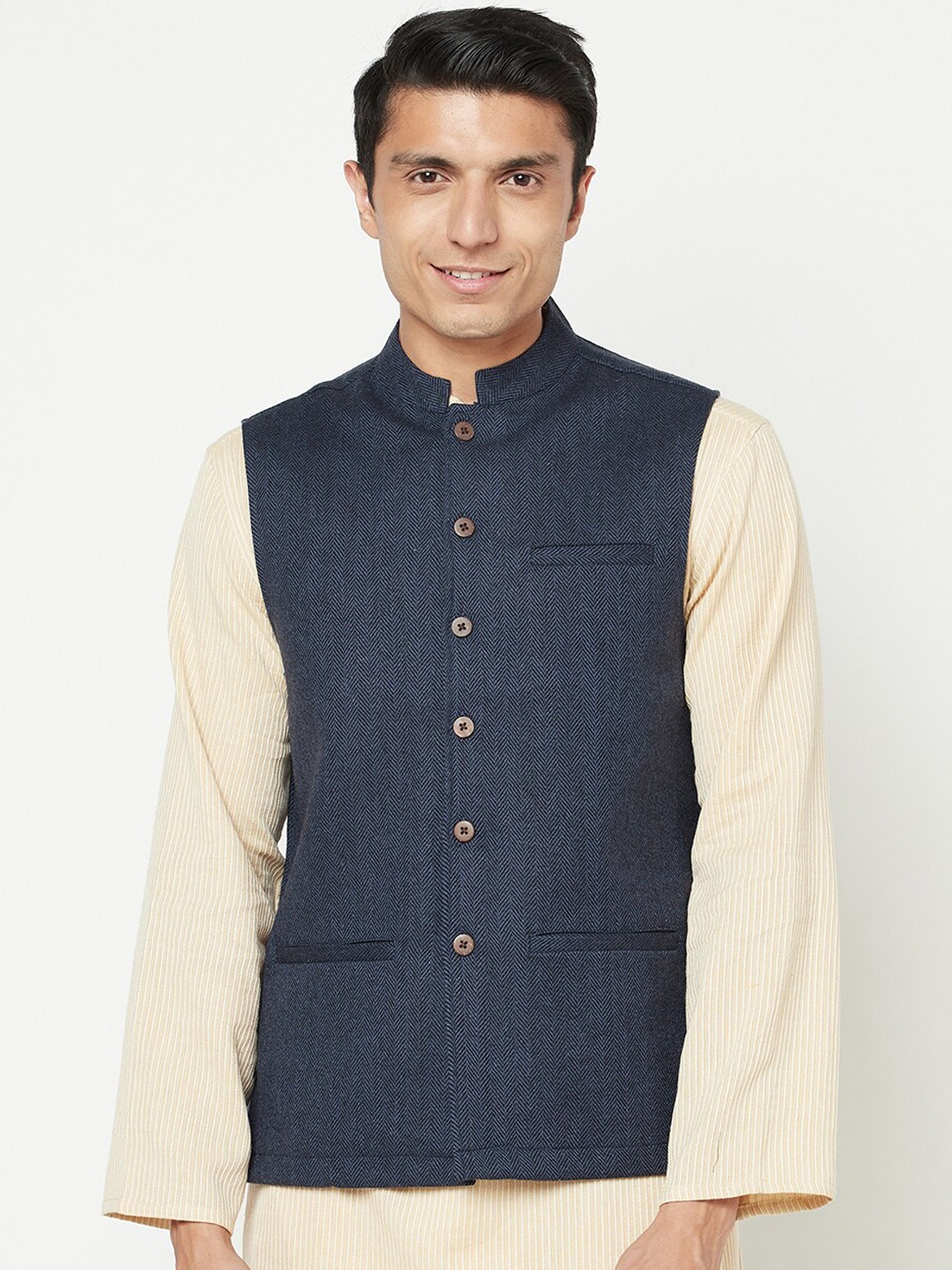 

Fabindia Men Blue Woven Design Wool Tweed Nehru Jacket