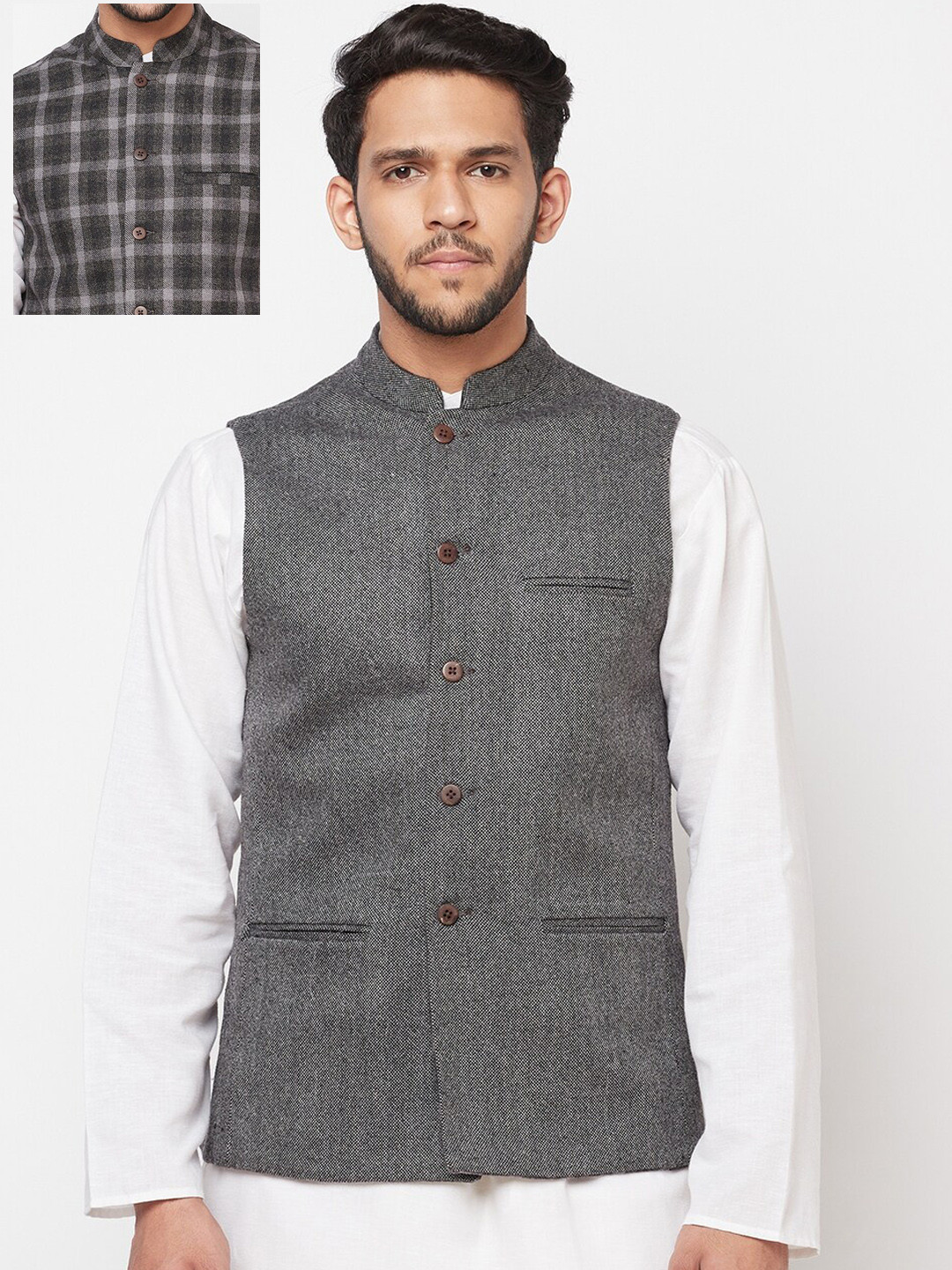 

Fabindia Men Grey & White Pack Of 2 Checked Woollen Slim-Fit Nehru Jackets