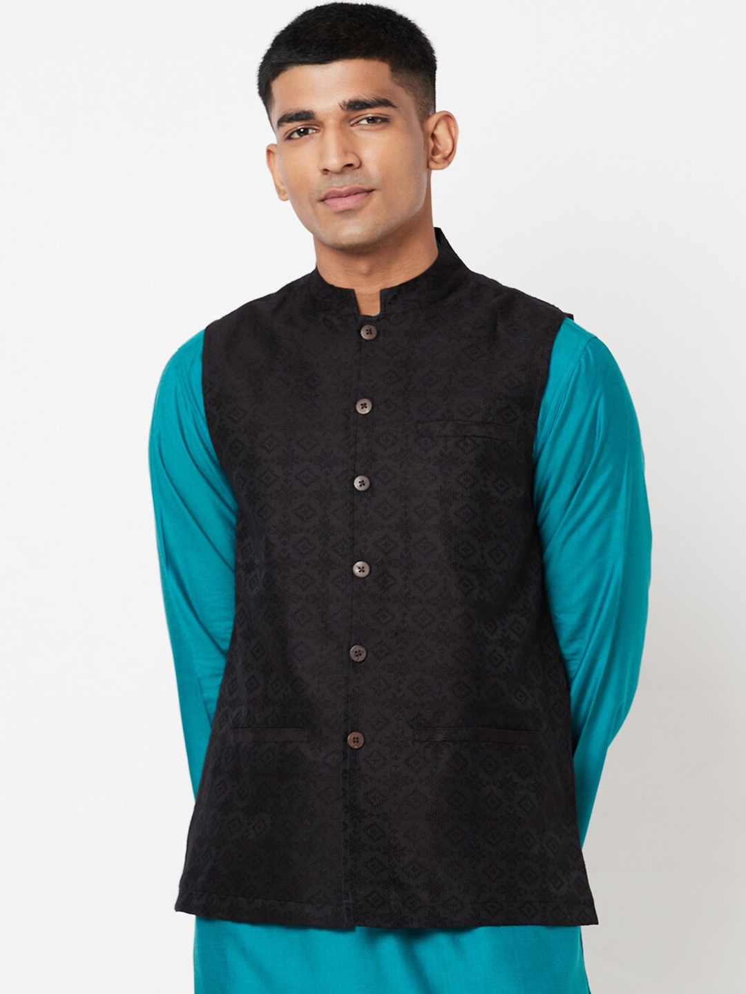 

Fabindia Men Black Woven Design Nehru Jacket