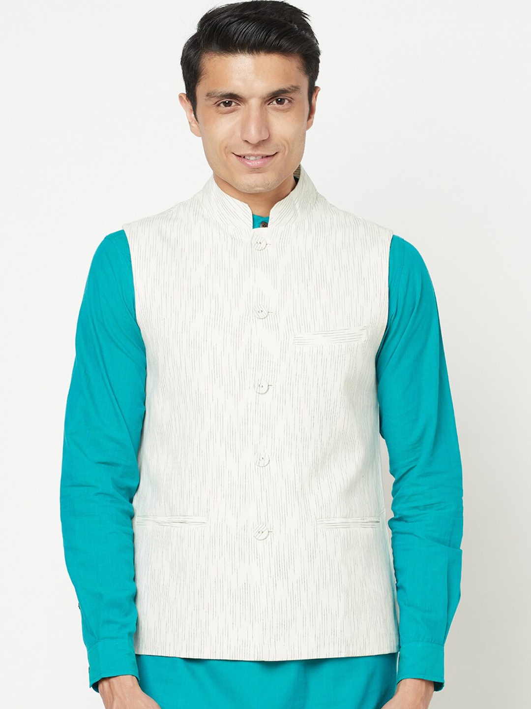 

Fabindia Men White Printed Pure Cotton Woven Nehru Jacket