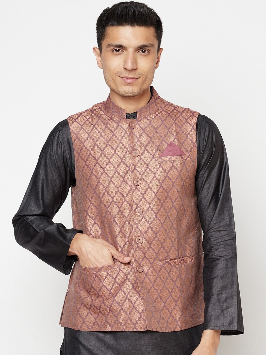 

Fabindia Men Purple Patterned Nehru Jackets