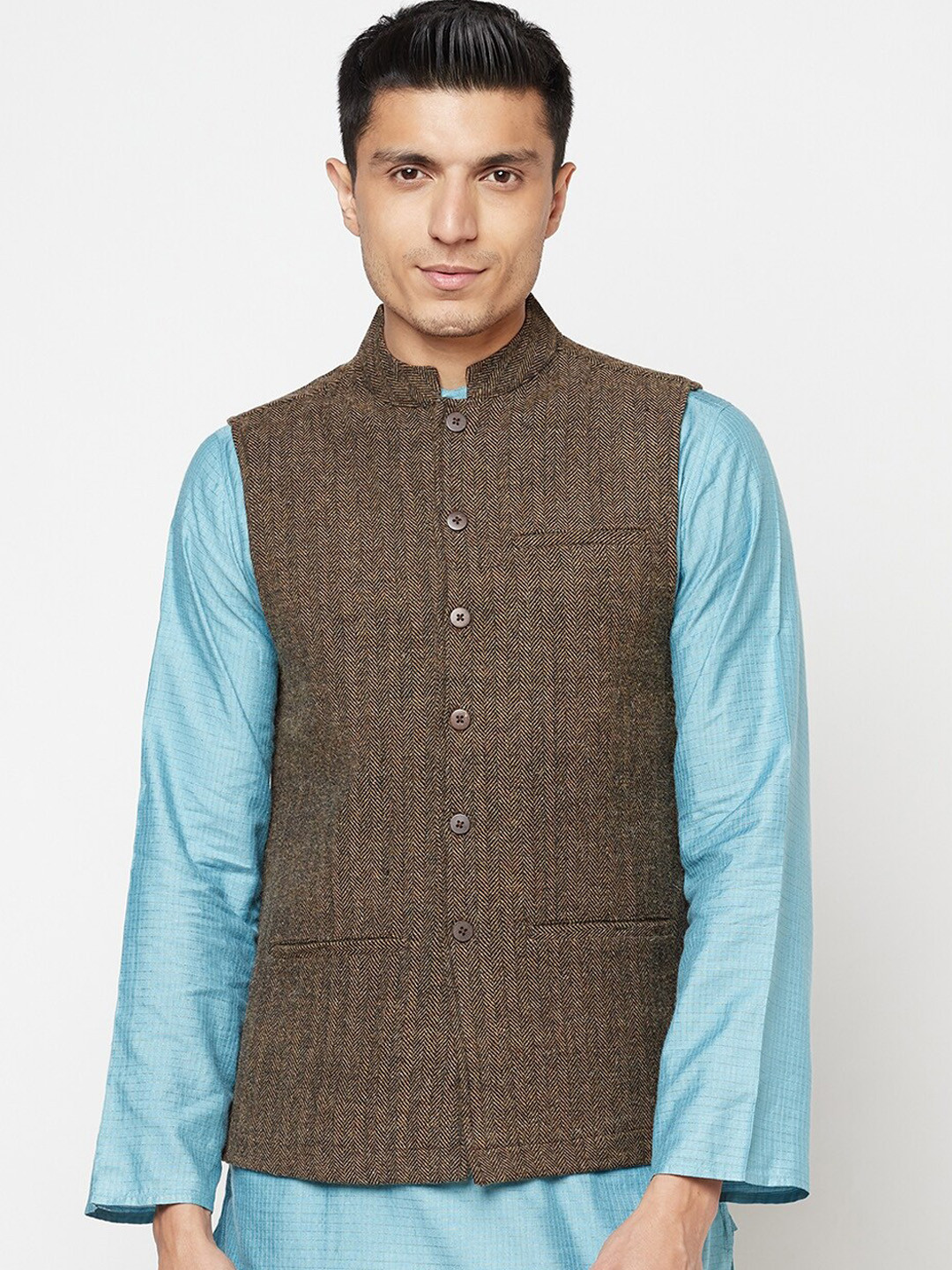 

Fabindia Men Brown Woven-Design Nehru Jacket
